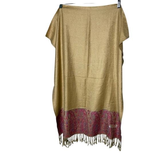 Pashmina Silk blend shawl scarf. Tan and Pink motif - Picture 2 of 7